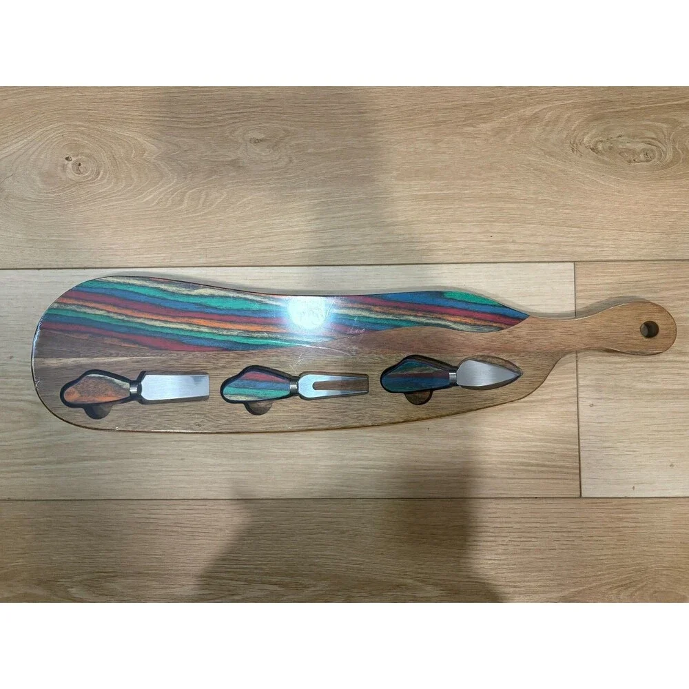 American Native Wood Cheese Board Set with Inset Multi-Color Slicer Knives